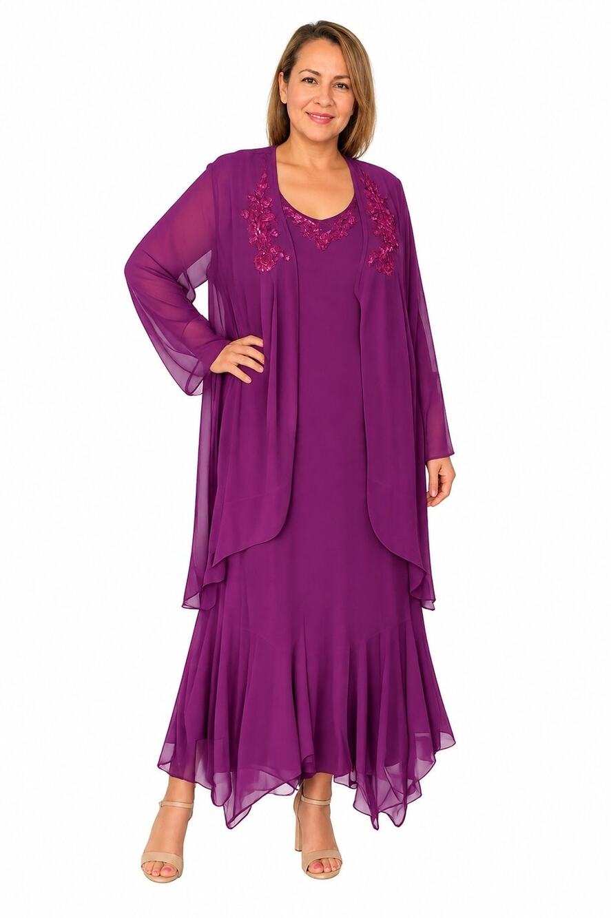 Roaman's 2 Pc Dress & Sheer Jacket Set 38W Purple Sequin Embroidered Plus Size